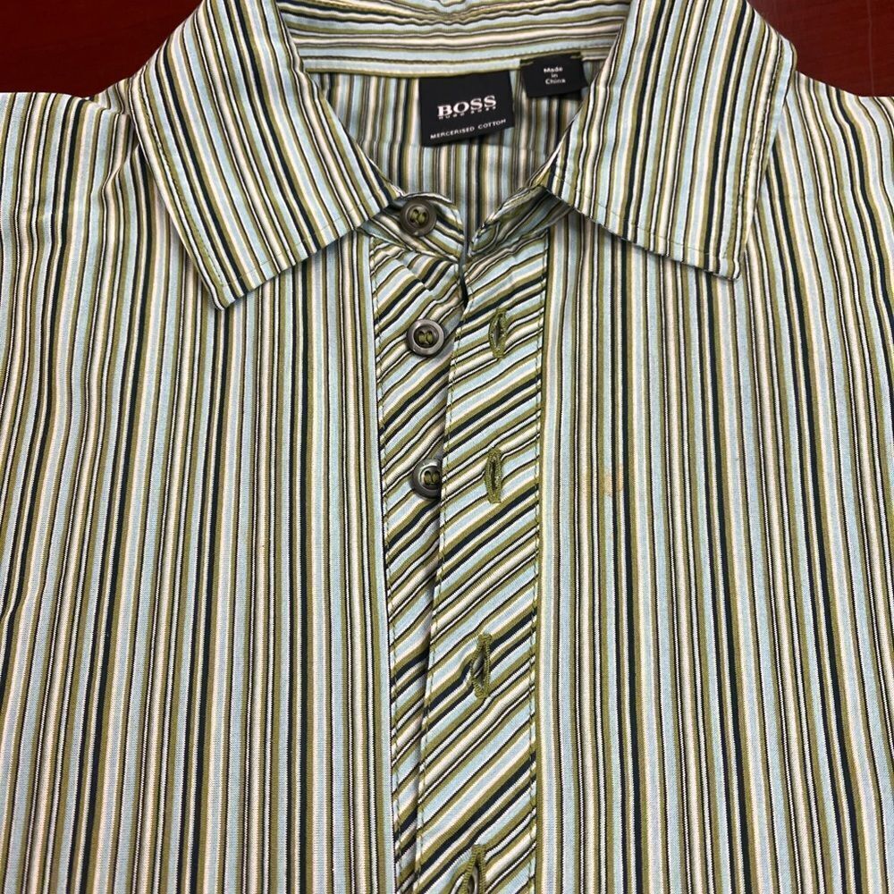 Boss Hugo Boss Green Striped Polo Style Shirt sz M